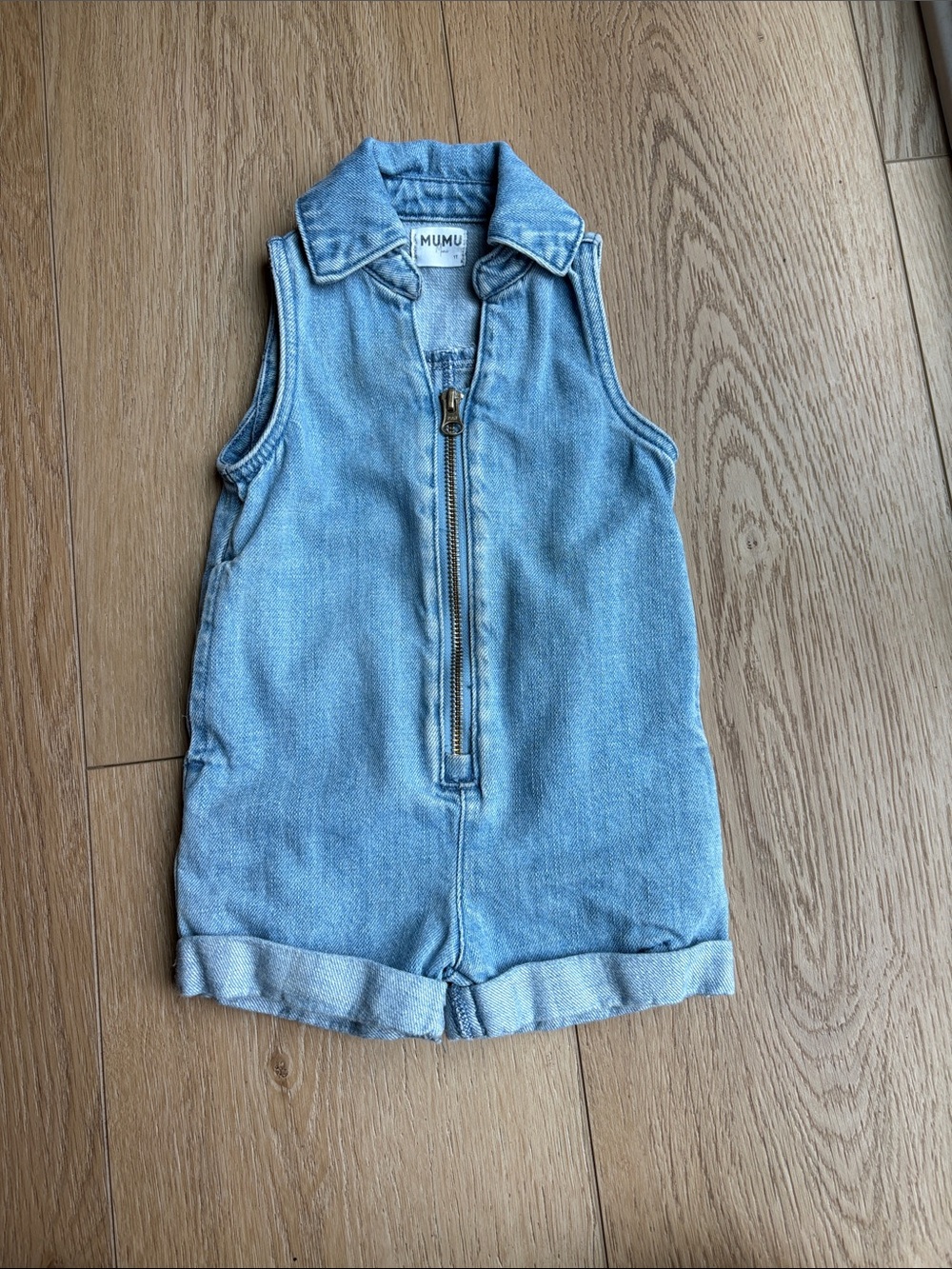 Mumu Light Wash Denim Romper - Front Zip Sleeveless
